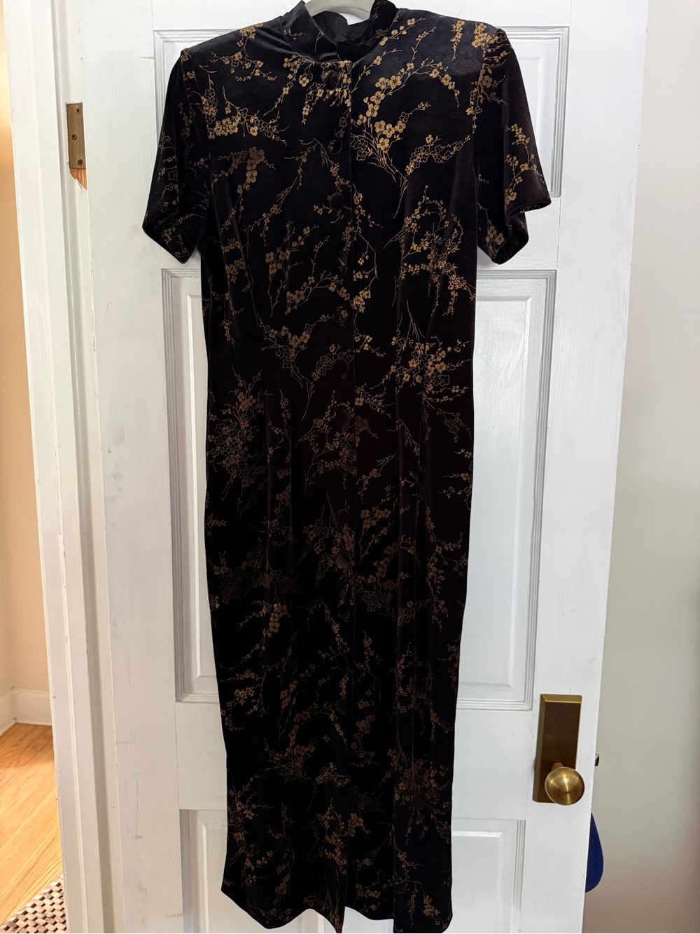 90s Black and Gold Velvet Maxi Dress- Sakura Print